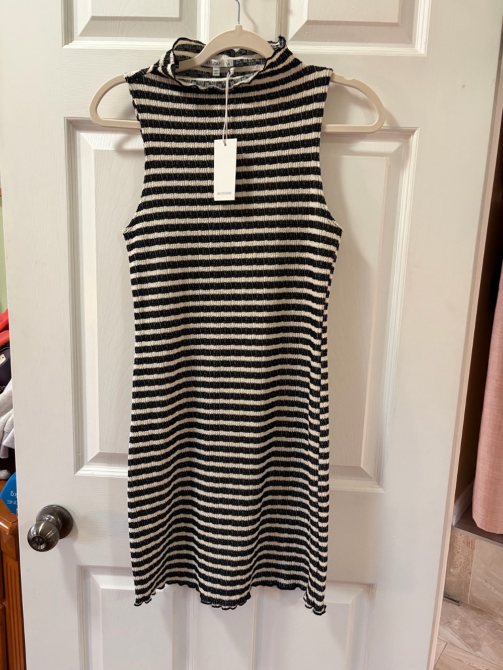 Antistar Black Cream Striped Ribbed Knit Mock Neck Dress Sleeveless S NWT - Picture 9 of 9